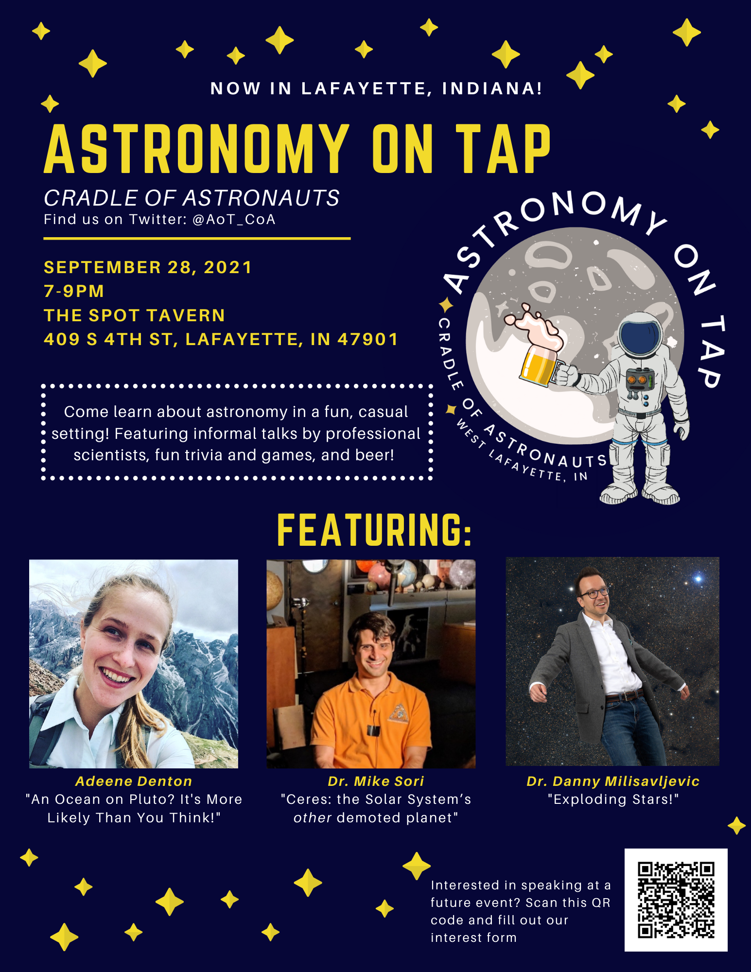 Astronomy on Tap September poster. September 28th from 7-9pm at The Spot Tavern in downtown Lafayette. Come Learn about astronomy in a fun, casual setting!