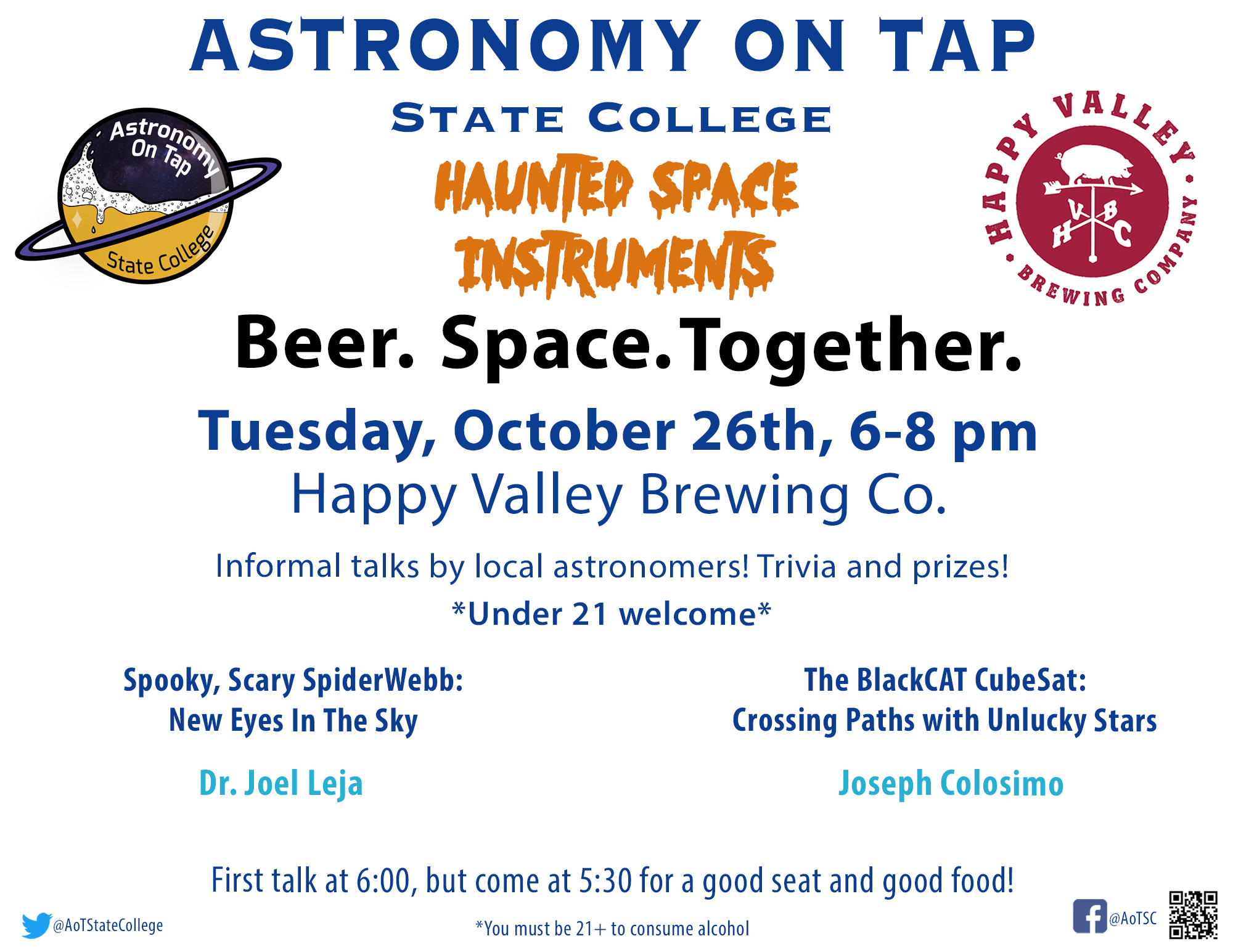 Astronomy on Tap State College: haunted space instruments. Join us on October 26 from 6-8 pm at Happy Valley Brewing Company.