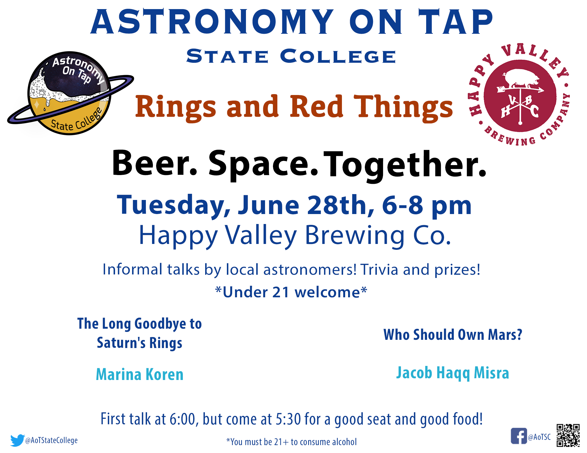 Flyer advertising Astronomy on Tap: State College on June 28 from 6-8 pm at Happy Valley Brewing Company