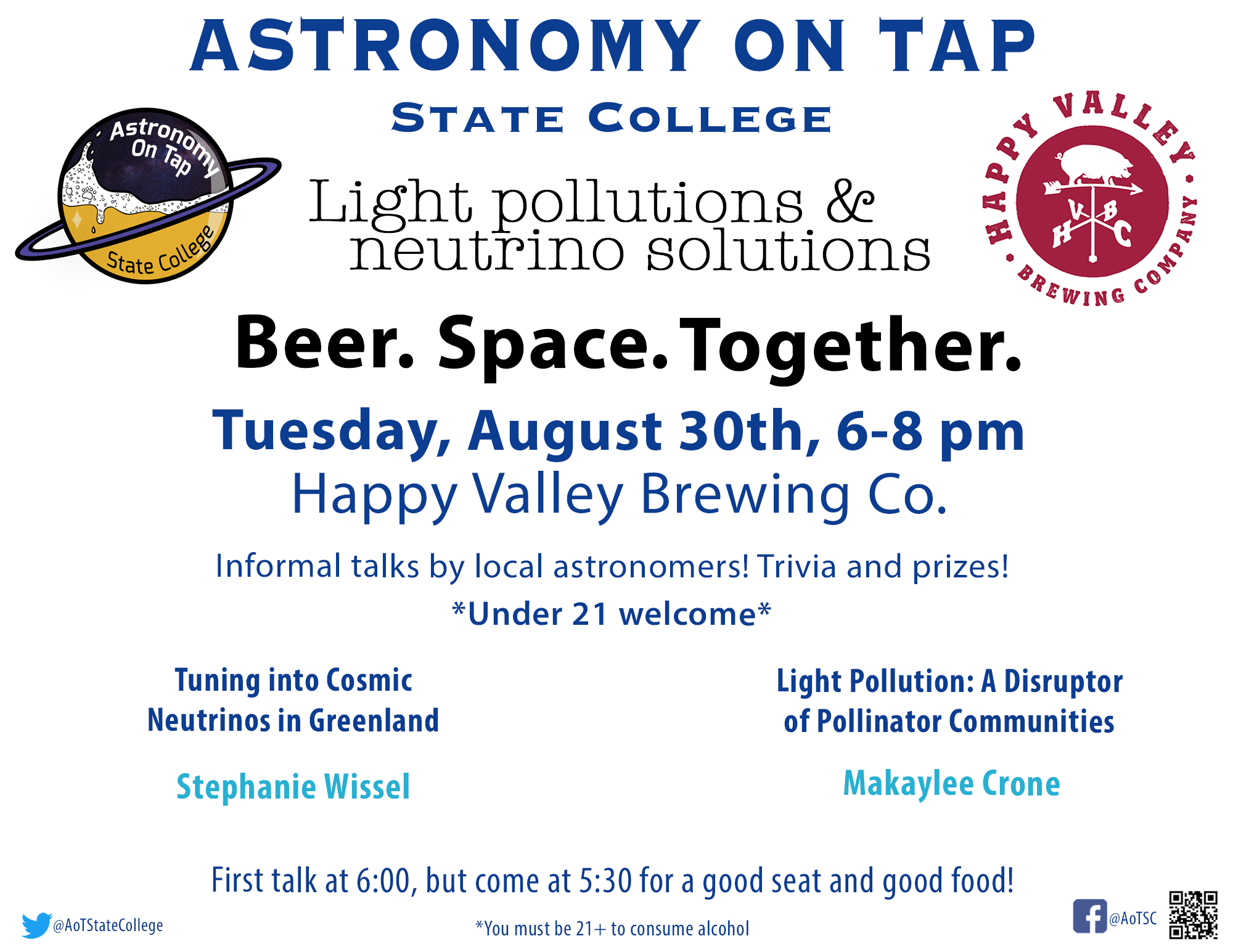 Astronomy on Tap State College at Happy Valley Brewing Company on August 30 from 6-8 pm