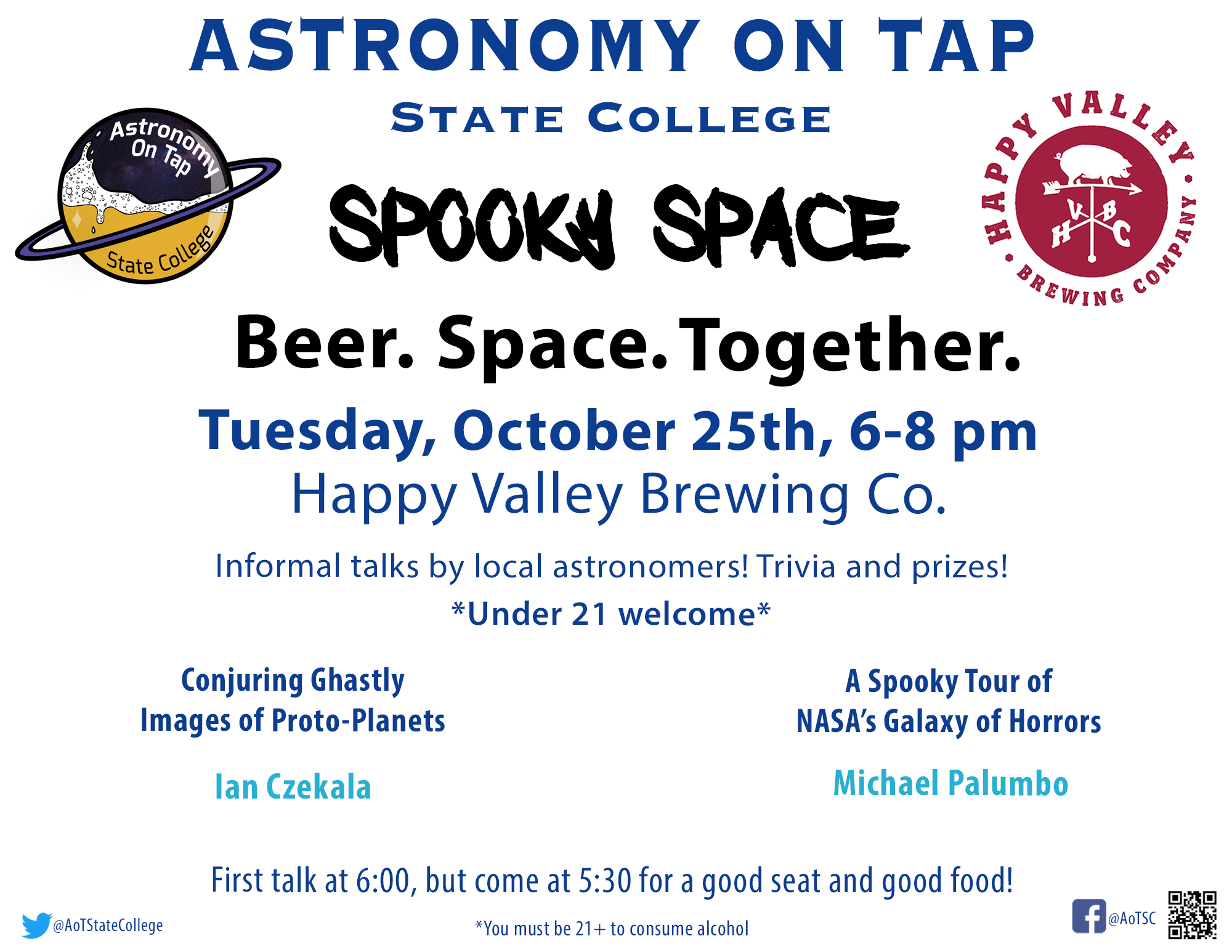 Astronomy on Tap State College on October 25 from 6-8 pm at Happy Valley Brewing Company. The event is spooky themed.