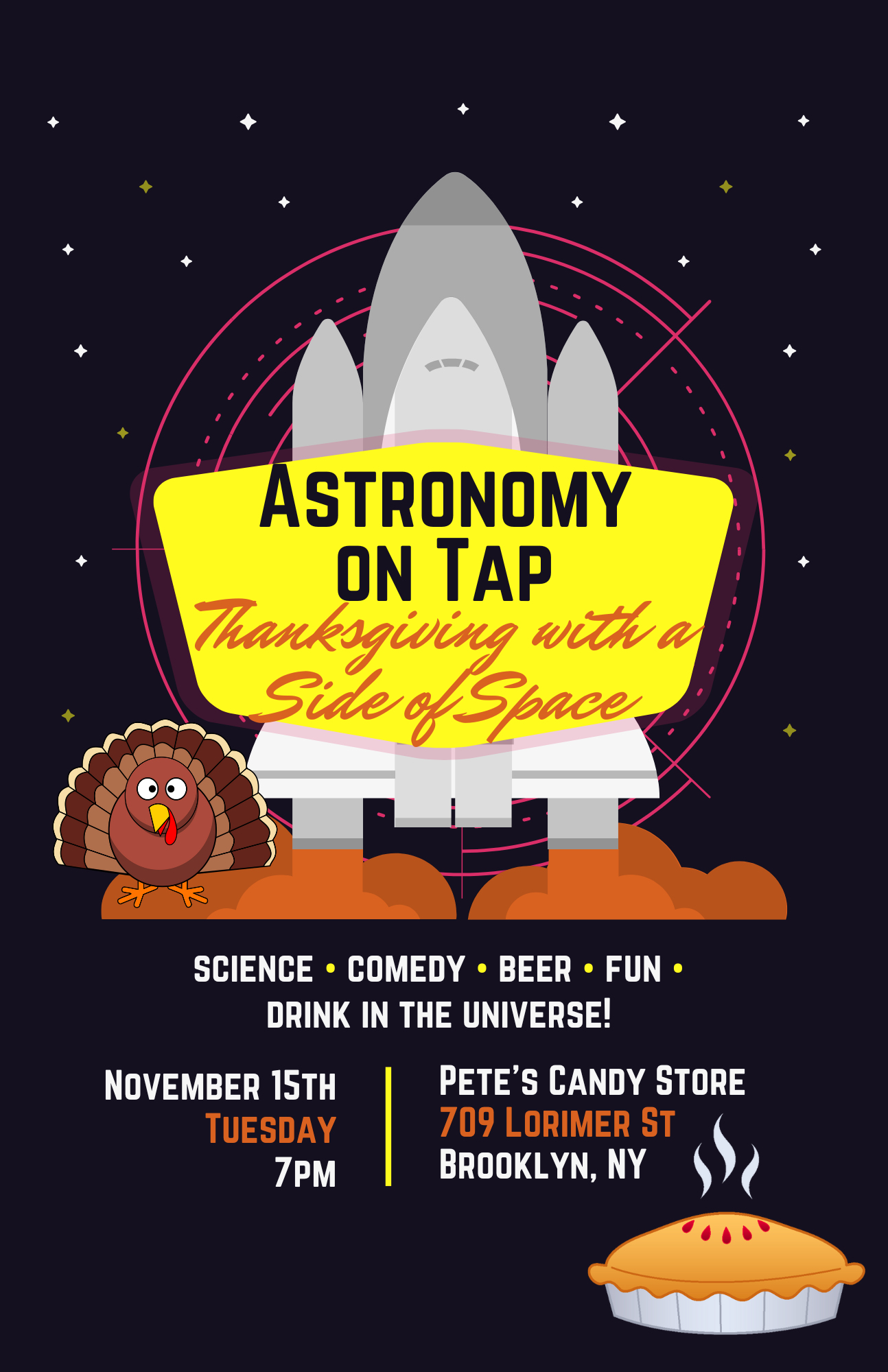 A space shuttle in the background with information about the Astronomy on Tap event.