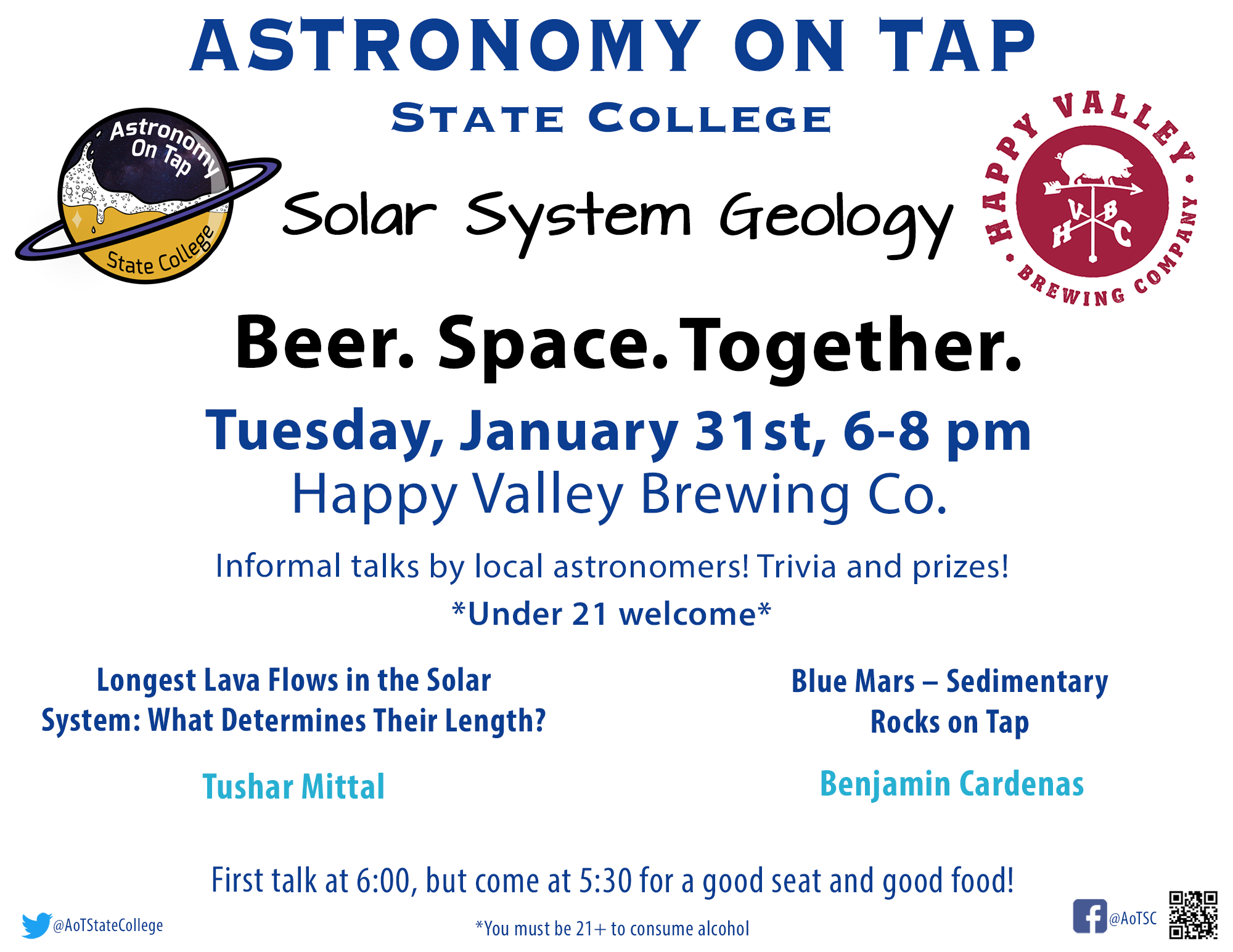 Astronomy on Tap State College on January 31 from 6-8 pm at Happy Valley Brewing Company. Theme: Solar System Geology