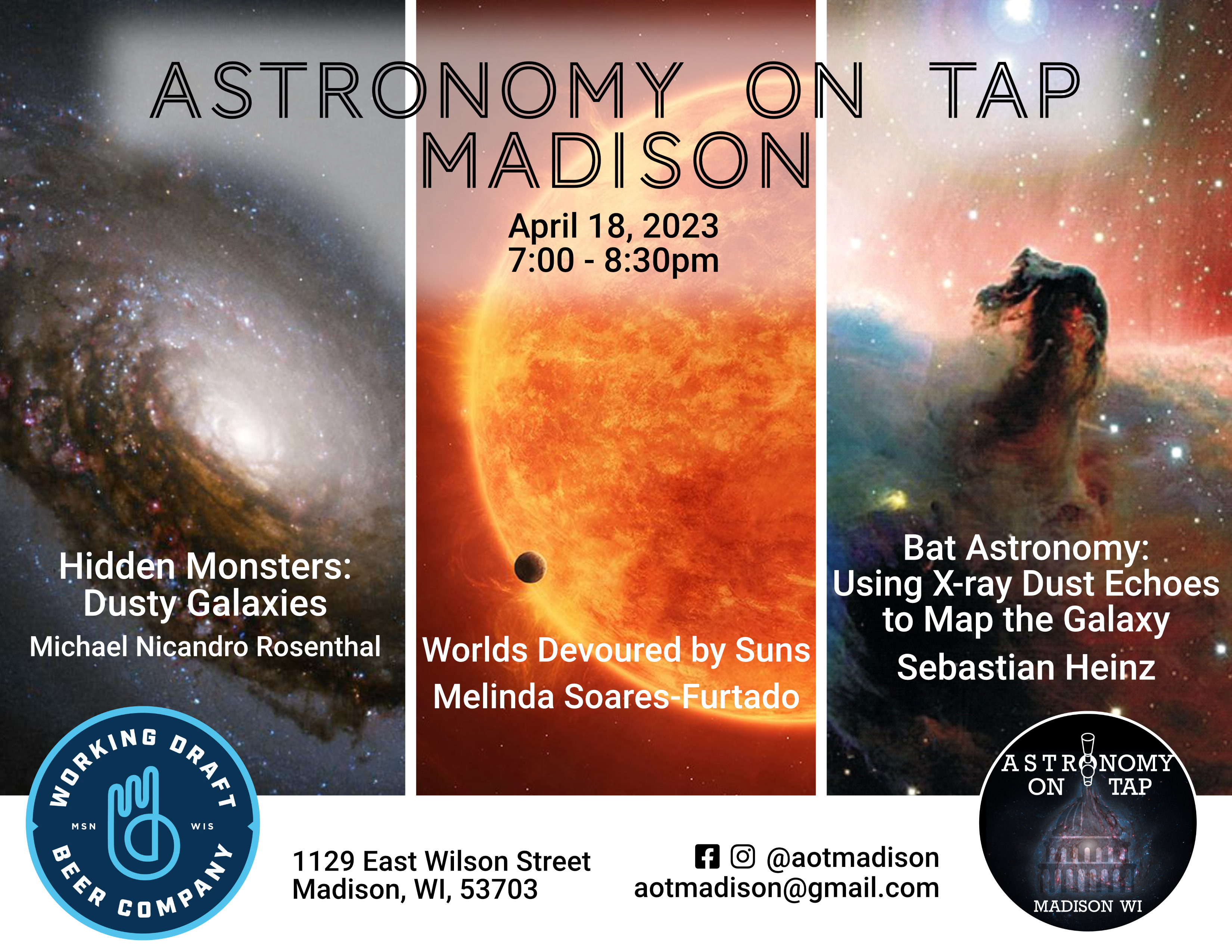 Title: Astronomy on Tap Madison April 18th, 2023 7-8:30pm at the top of the image Background shows a star with whispy emission in ultra violet light colored in green red and blue for different high energy wavelengths. At bottom is the Working Draft Beer Company logo and the AoT Madison logo.