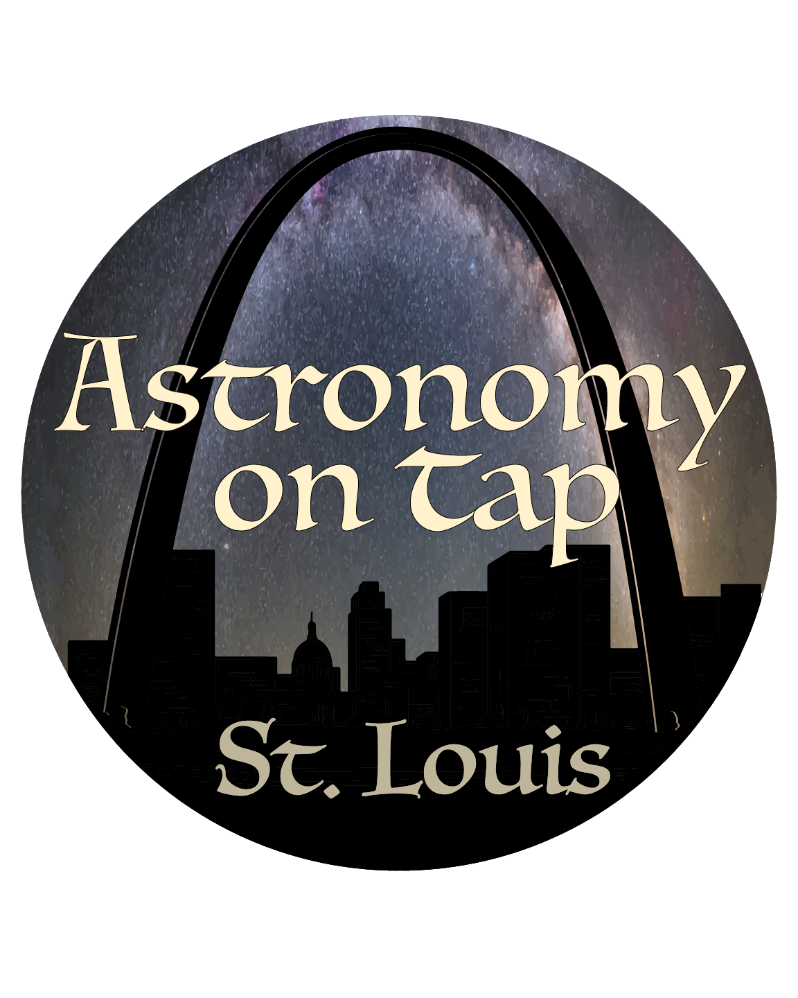 Circular log of Astronomy on Tap - St. Louis, featuring the Milky Way as St. Louis Gateway Arch.