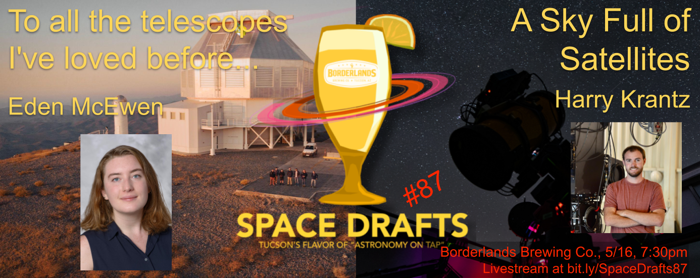 Advertisement for Space Drafts 87. The Space Drafts logo is in the center with speaker headshots to the side. Text describes the talk titles, speaker names, event location information, and livestream link. The background shows talk-related images: a photograph of a telescope building and a telescope backgrounded by the nighy sky.
