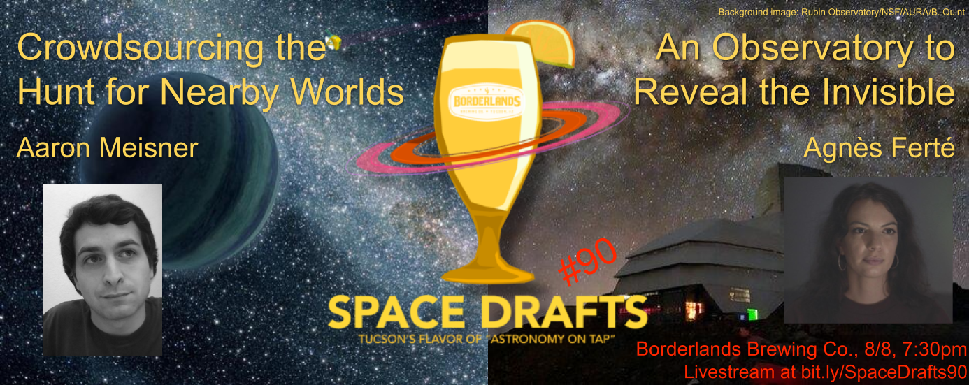 Advertisement for Space Drafts 90. The Space Drafts logo is in the center with speaker headshots to the sides. Text describes the talk titles, speaker names, event location information, and livestream link. The background shows talk-related images: an artist's impression of a planet with a star field in the background, and an image of an observatory with the night sky in the background.