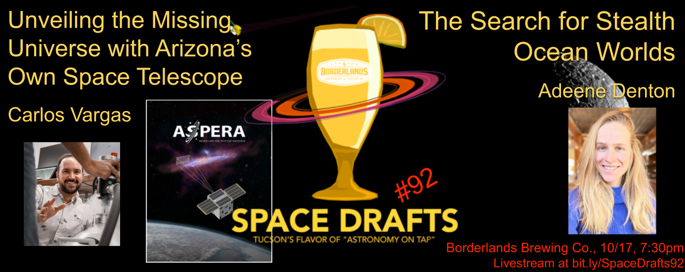 Advertisement for Space Drafts 92. The Space Drafts logo is in the center with speaker headshots to the sides. Text describes the talk titles, speaker names, event location information, and livestream link. The background shows talk-related images: the promotional poster for the ASPERA project, and a grey moon.