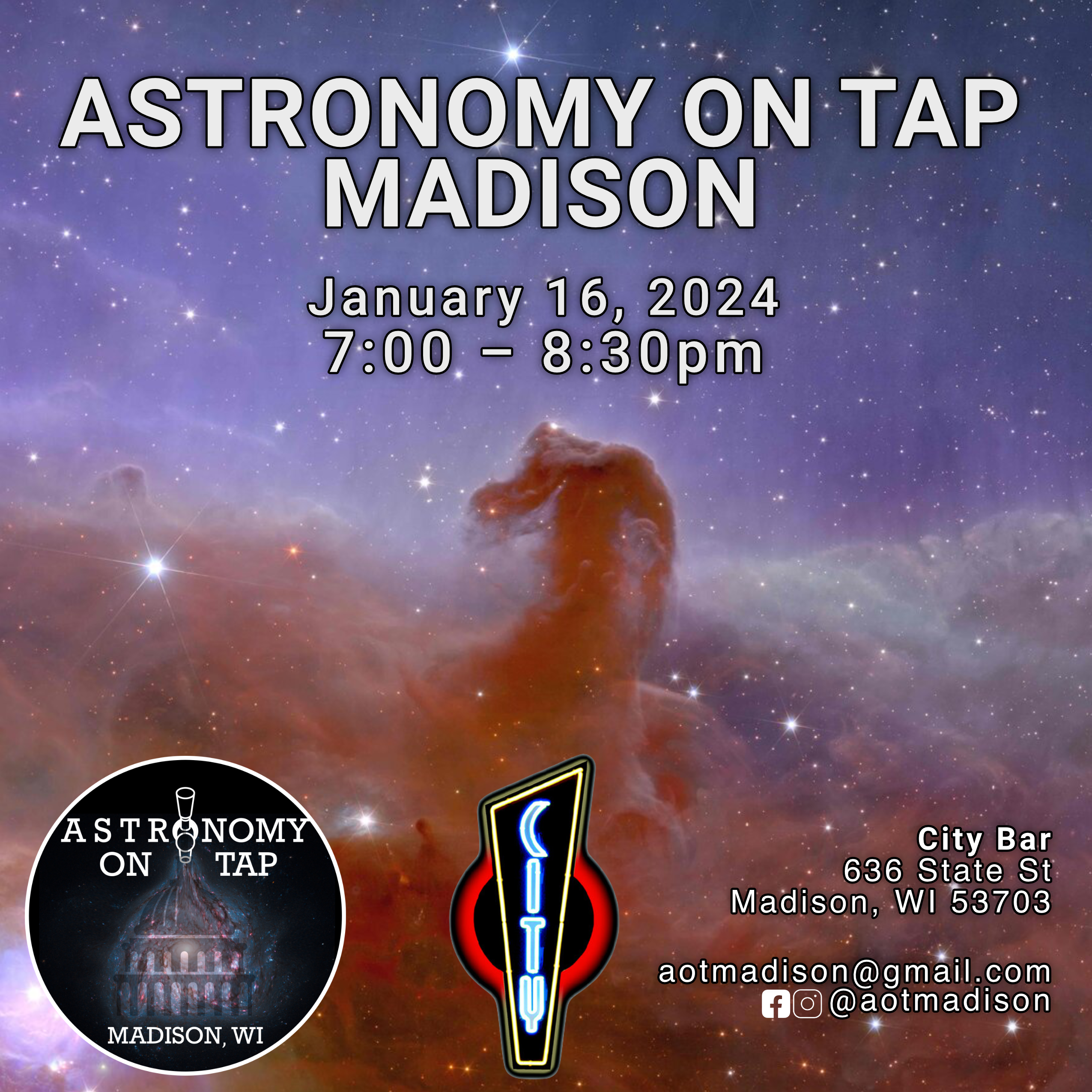 Astronomy on Tap Madison flyer for January 16, 2024 7-8:30pm event at City Bar on State Street in Madison, WI.
