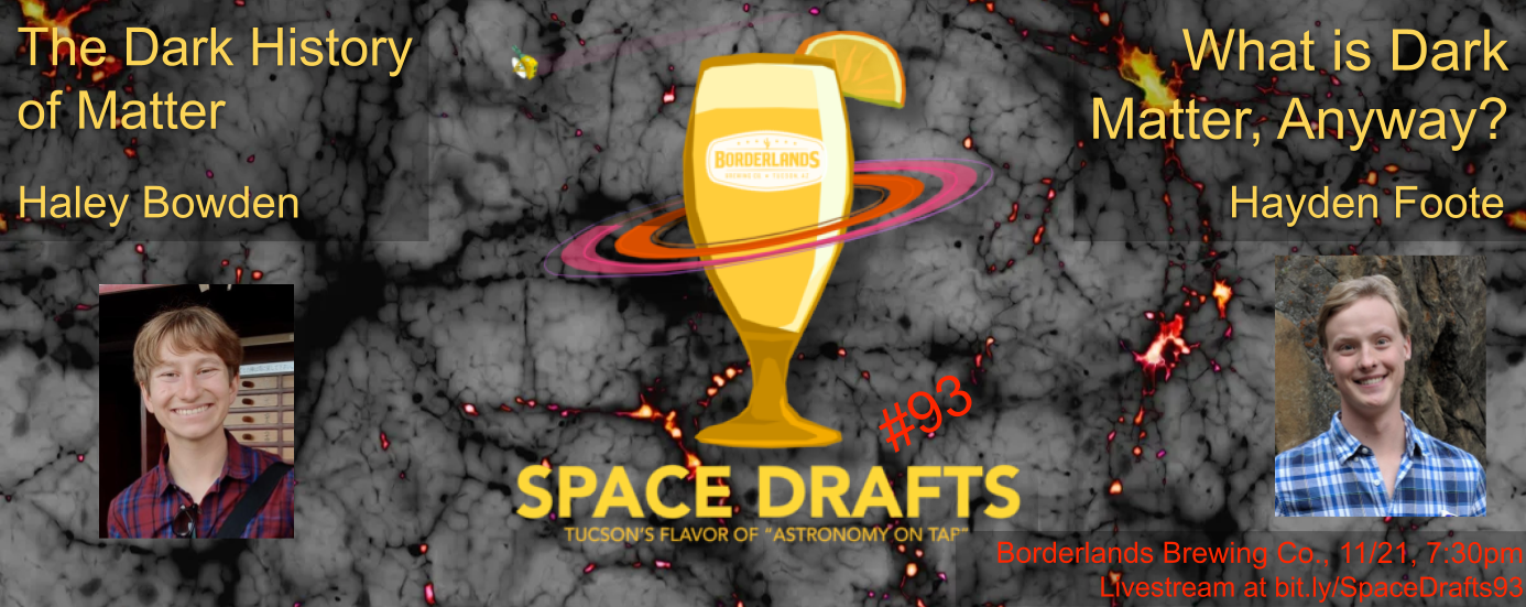 Advertisement for Space Drafts 93. The Space Drafts logo is in the center with speaker headshots to the sides. Text describes the talk titles, speaker names, event location information, and livestream link. The background shows a talk-related image: black filaments of the cosmic web on a grey background.