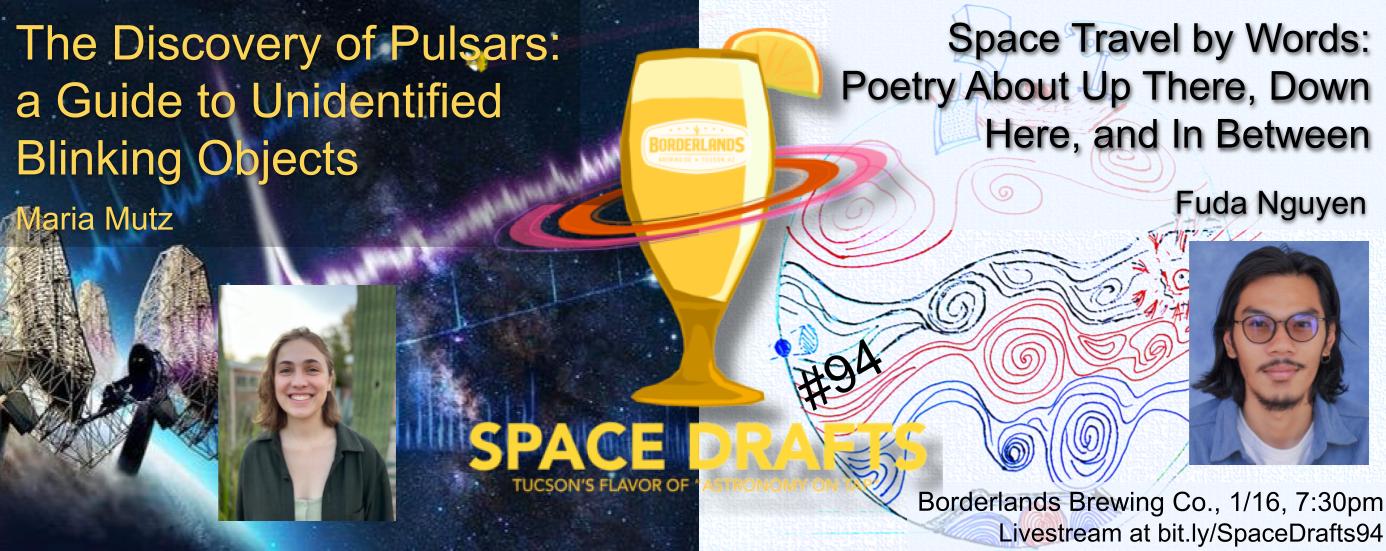 Advertisement for Space Drafts 94. The Space Drafts logo is in the center with speaker headshots to the sides. Text describes the talk titles, speaker names, event location information, and livestream link. The background shows two talk-related images: a radio telescope dish with a glowing spectrum leading from it, backgrounded by the galactic plane, and abstract line art in blue, red, and black contained in a circle.