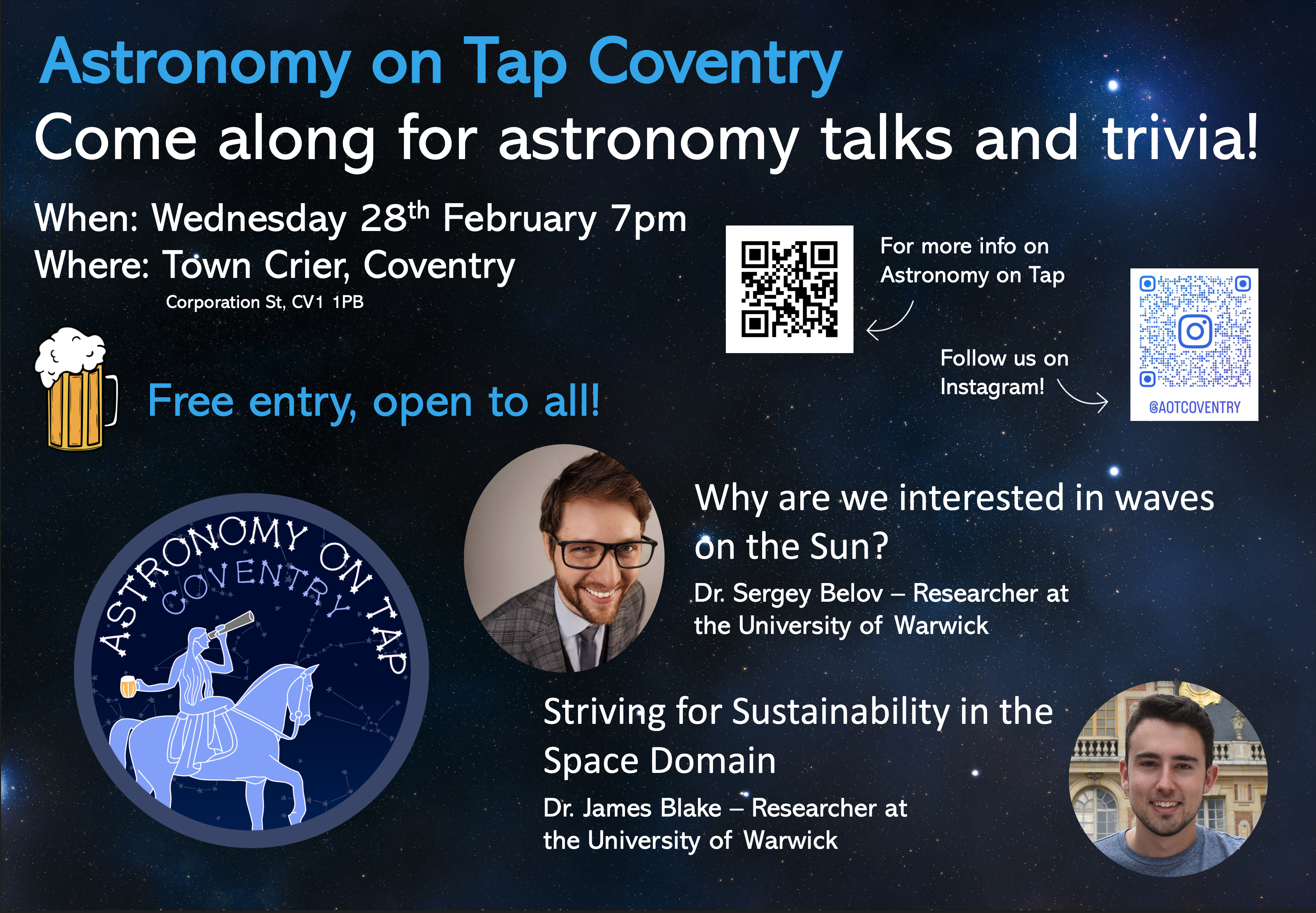 Poster announcing the 2024 February event of Astronomy on Tap Coventry
