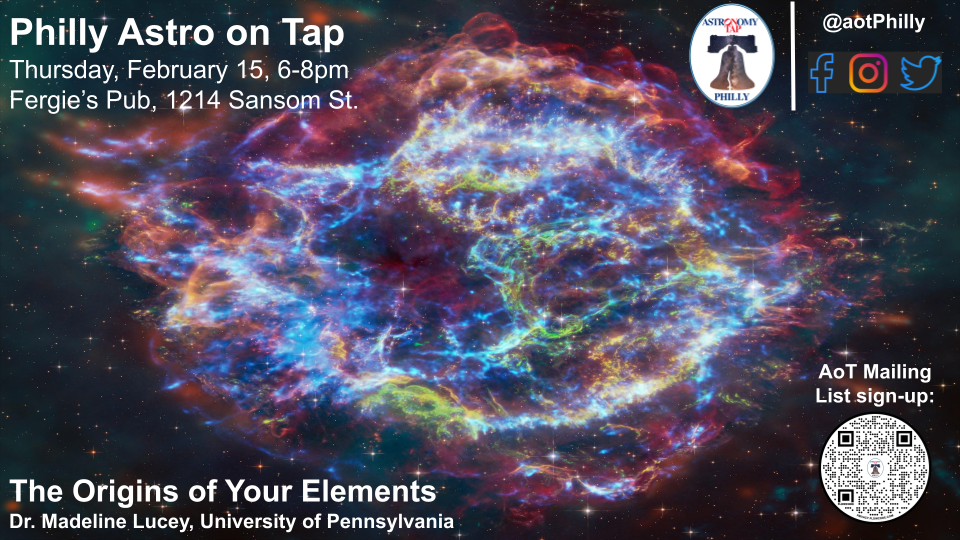 The background is an image of a red, blue and green supernova in outer space and white text that says 'Philly Astro on Tap Thursday, February 15, 6-8pm Fergie's Pub, 1214 Sansom St.' in the top left of the flyer. In the top right corner, there is the Philly Astro on Tap llogo, which is a white oval with the independence bell in the middle. It says "ASTRO ON TAP PHILLY" then, to the right is our social media handle '@aotPhilly.' In the bottom left is white text that says "The Origins of Your Elements Dr. Madeline Lucey, University of Pennsylvania." In the bottom right corner is a QR code with white text directly above it that says 'AoT Mailing List sign-up:'.