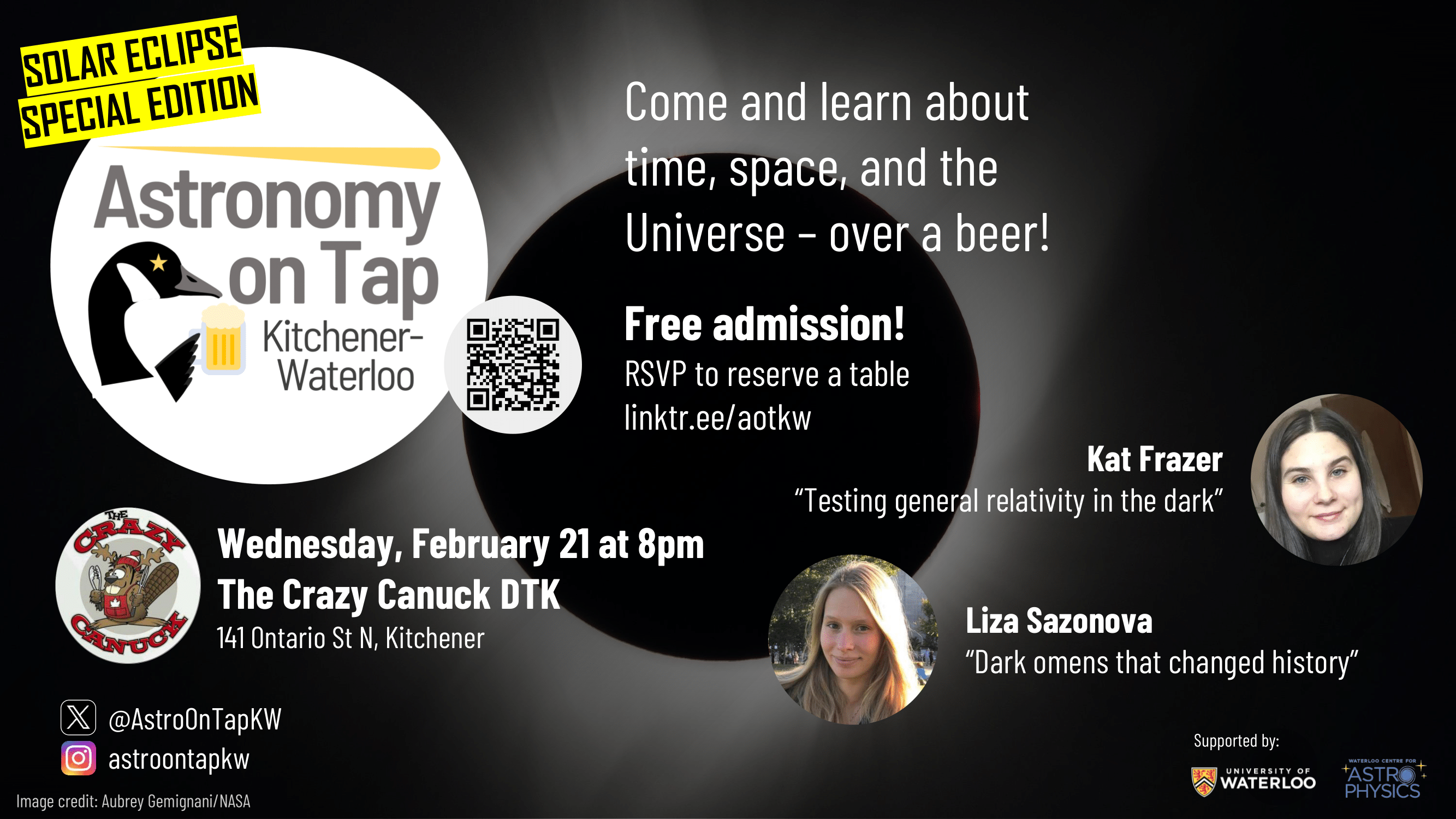Poster for February 2024 edition of Astronomy on TAP: Kitchener-Waterloo