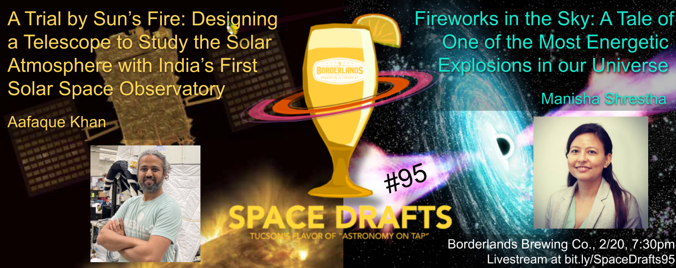 Advertisement for Space Drafts 95. The Space Drafts logo is in the center with speaker headshots to the left and right. Text describes the talk titles, speaker names, event location information, and livestream link. The background shows two talk-related images: a spacecraft with solar panels deployed with the Sun in the background and a galaxy disk with a dark sphere at its center emitting two jets.