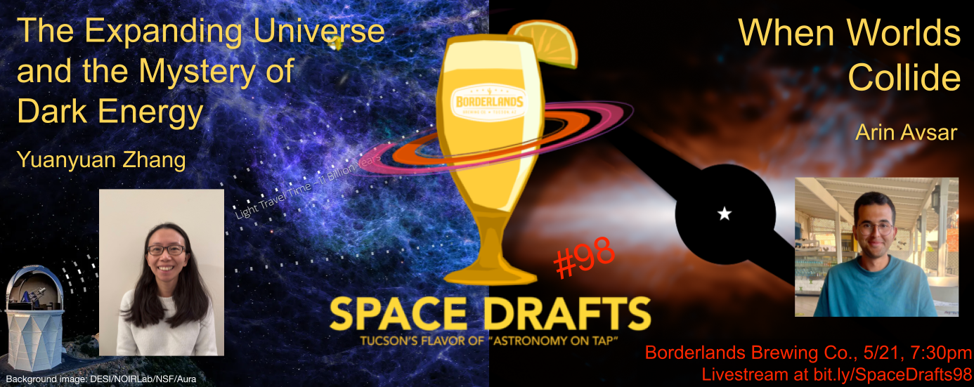 Advertisement for Space Drafts 98. The Space Drafts logo is in the center with speaker headshots to the left and right. Text describes the talk titles, speaker names, event location information, and livestream link. The background shows two talk-related images. The left side depicts the cosmic web in blue and purple with dashed lines emanating from a telescope in the foreground, annotated "Light Travel Time ~11 Billion Years." The right side shows an image of a debris disk and a cloud of material seen edge-on as a thin horizontal line and a cloud of hazy orange. There is a black circle with a bar in the center.