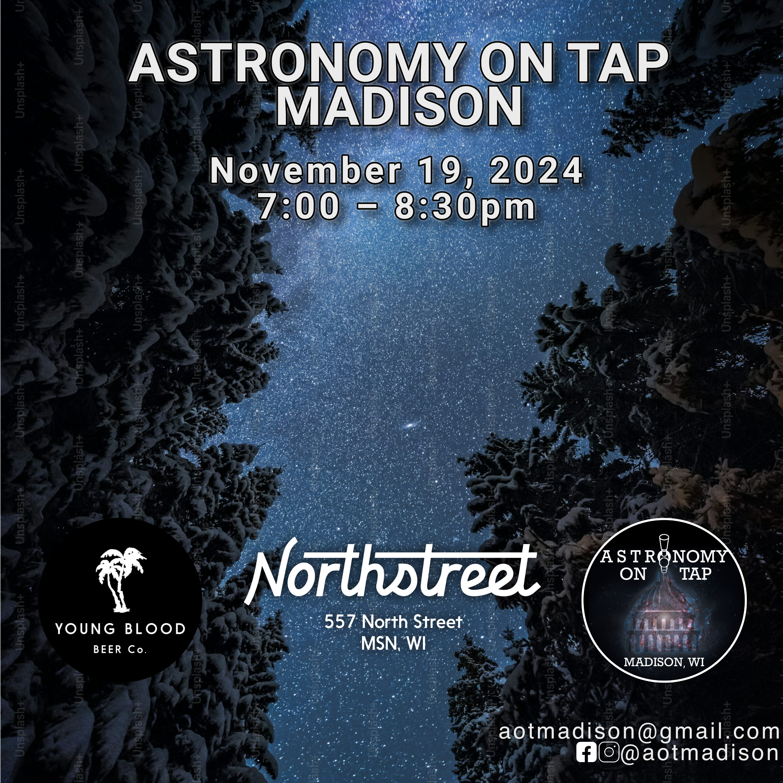 Night sky between trees with Astronomy on Tap Madison text at the top with event date and time and Northstreet logo at the bottom.