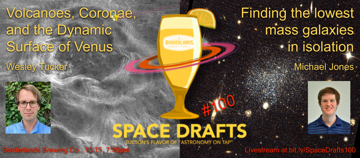 Advertisement for Space Drafts 100. The Space Drafts logo is in the center with speaker headshots to the left and right. Text describes the talk titles, speaker names, event location information, and livestream link. The background shows two talk-related images. On the left, there is an image of a grey, planetary landscape. On the right, there is an image of a dense cluster of stars in the center of a dark background with individual stars and galaxies scattered nearby.