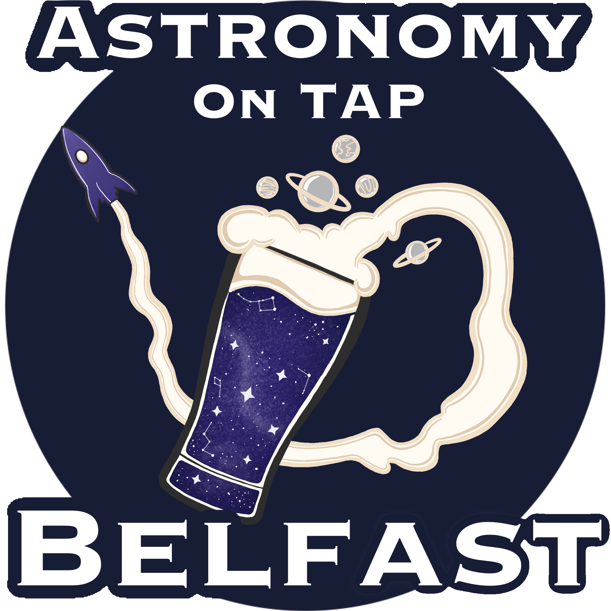 Astronomy on Tap Belfast logo with purple space in a cartoon pint glass and the foam turning into rocket exhaust and planets
