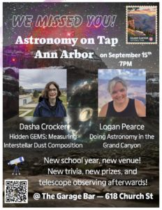 Ann Arbor AoT September 15th poster featuring two speakers and a background of the grand canyon