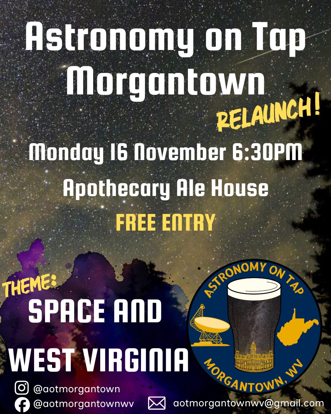 Astronomy on Tap RELUANCH event in Morgantown WV - 16th November at 6:30pm at Apothecary Ale House